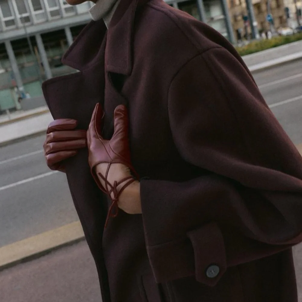 ZARA LEATHER BURGUNDY GLOVES WITH TIE NWT